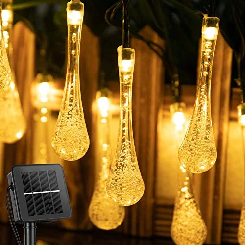 LED String Lights with Warm White GlowSolar Water Drop String Lights, 8 Modes