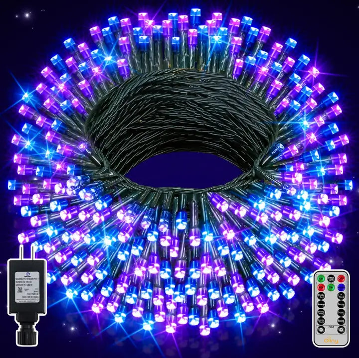 String Lights with Edison Bulbs for Rustic AmbianceOllny 400 LED 132ft Purple & Blue String Lights (Green Cable, Plug in, 8 Modes, IP44 Waterproof)