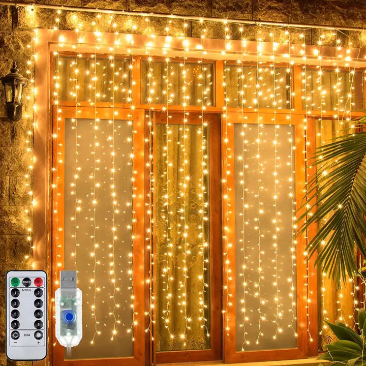 String Lights for Hotel Courtyard LightingOllny 200 LED 6.6ft*6.6ft Warm White Curtain Lights (Clear Cable, USB, 8 Modes, IP44 Waterproof)