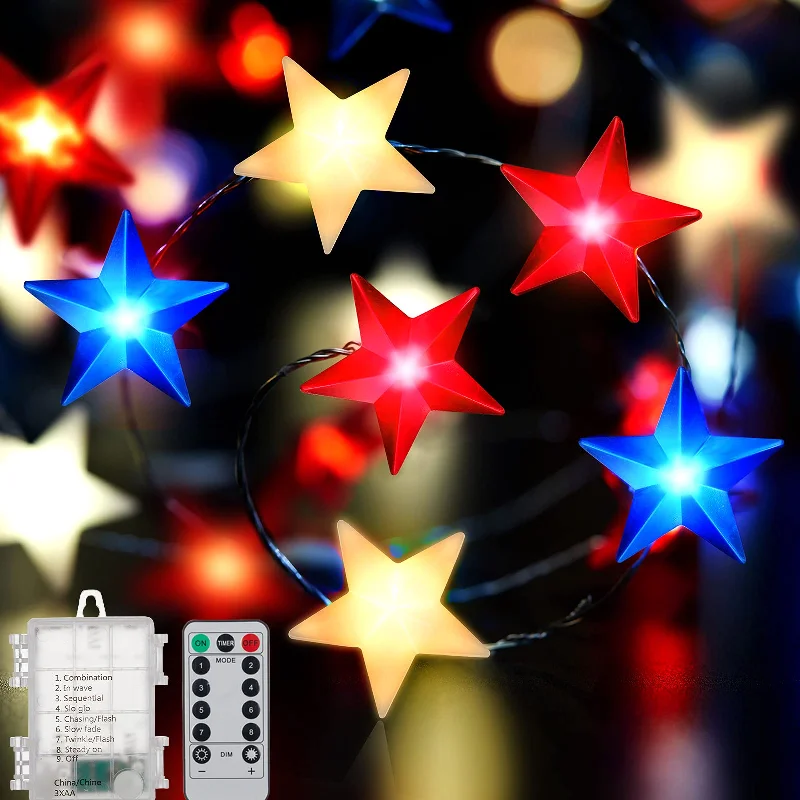 String Lights with Multicolored Bulbs for Festive OccasionsStar String Lights with Remote, AA Battery Operated, Independence Day String Lights with Multicolored Bulbs for Festive OccasionsStar String Lights with Remote, AA Battery Operated, Independence Day