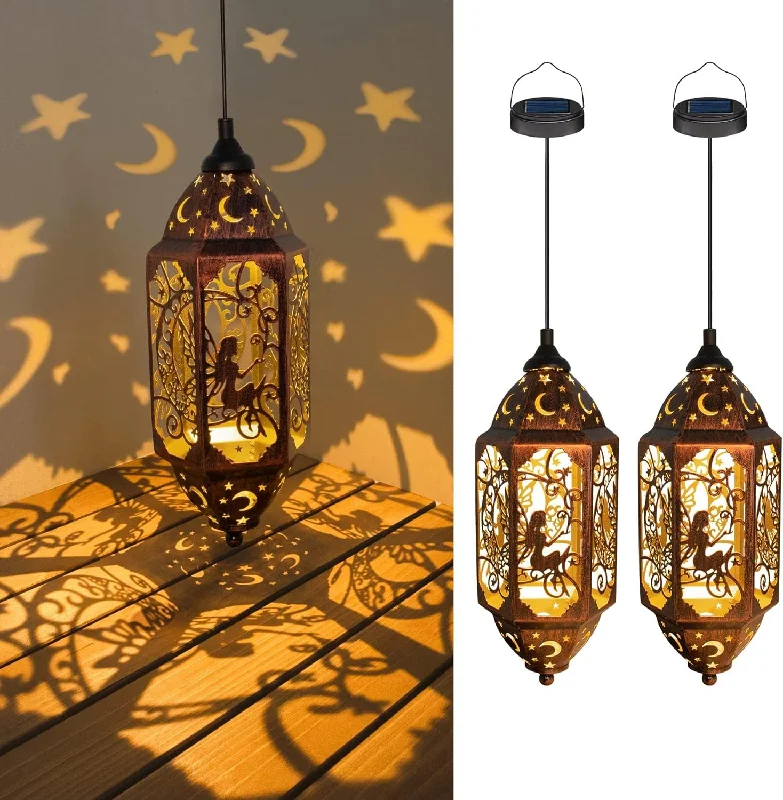 String Lights with Multicolored Bulbs for Festive OccasionsHanging Solar Fairy Lanterns Outdoor Waterproof, Large Moon Metal Decorative Solar Lights for Patio, Yard, Pathway, Garden Décor, Birthday Gifts, Christmas Gift (2Pack, Red Copper)