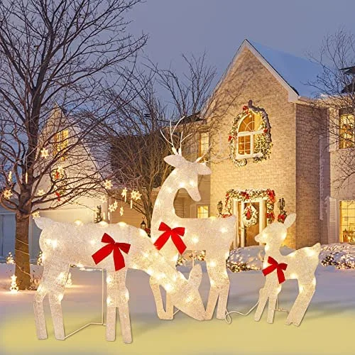 String Lights with Edison Bulbs for Rustic AmbianceTinsel Reindeer Family Lighted 2D Deer Christmas Decor, with Clear 60 Count Lights, Light Up Buck, Doe and Fawn Indoor or Outdoor Yard Lawn Festive Holiday Decoration - 3 Pack