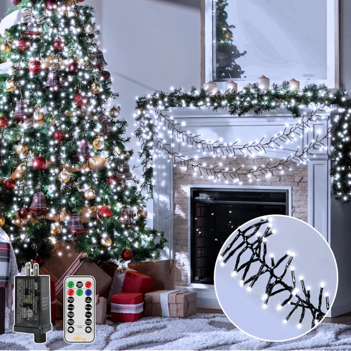 String Lights with Multicolored Bulbs for Festive OccasionsOllny 1000 LED 49ft Cool White Christmas Cluster Lights (Green Cable, Plug in, 8 Modes, IP44 Waterproof) String Lights with Multicolored Bulbs for Festive OccasionsOllny 1000 LED 49ft Cool White Christmas Cluster Lights (Green Cable, Plug in, 8 Modes, IP44 Waterproof)