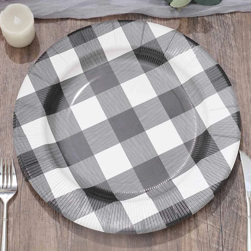 10 Pack Black / White Buffalo Plaid Disposable Serving Trays, Round Checkered Sunray Cardboard Charger Plates 350 GSM 13