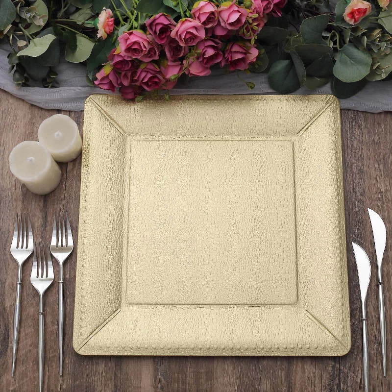 10 Pack Champagne Textured Disposable Square Serving Trays, Leather Like Cardboard Charger Plates 1100 GSM 13