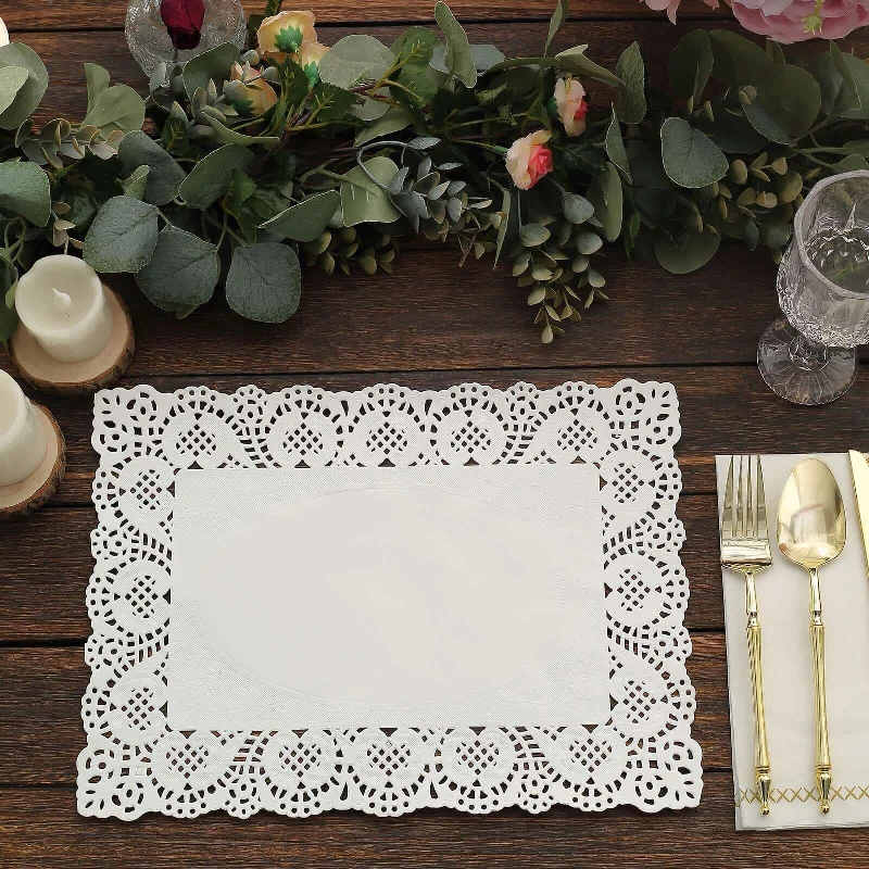 100 Pcs White Food Grade Paper Placemats, Rectangle Lace Paper Doilies 14