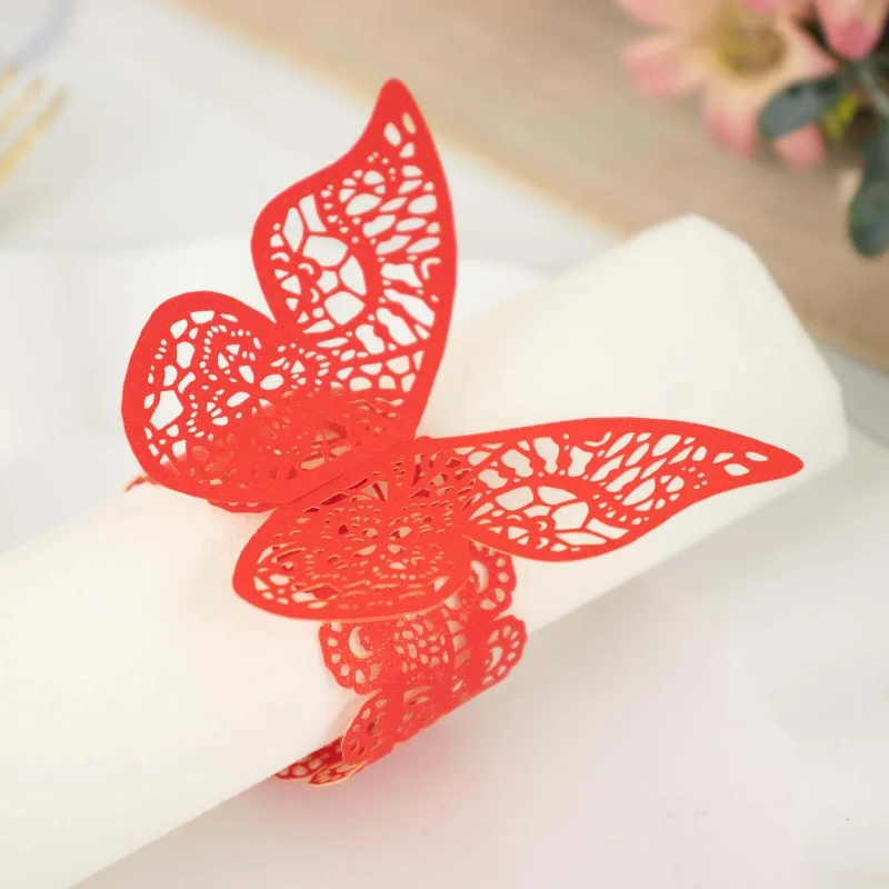 12 Pack Red Shimmery Laser Cut Butterfly Paper Napkin Rings, Chair Sash Bows, Serviette Holders