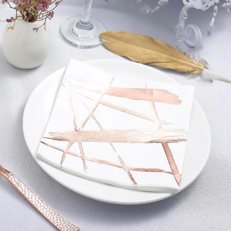 20 Pack Metallic Rose Gold Streak White Paper Dinner Napkins, Wedding Cocktail Napkins 3 Ply