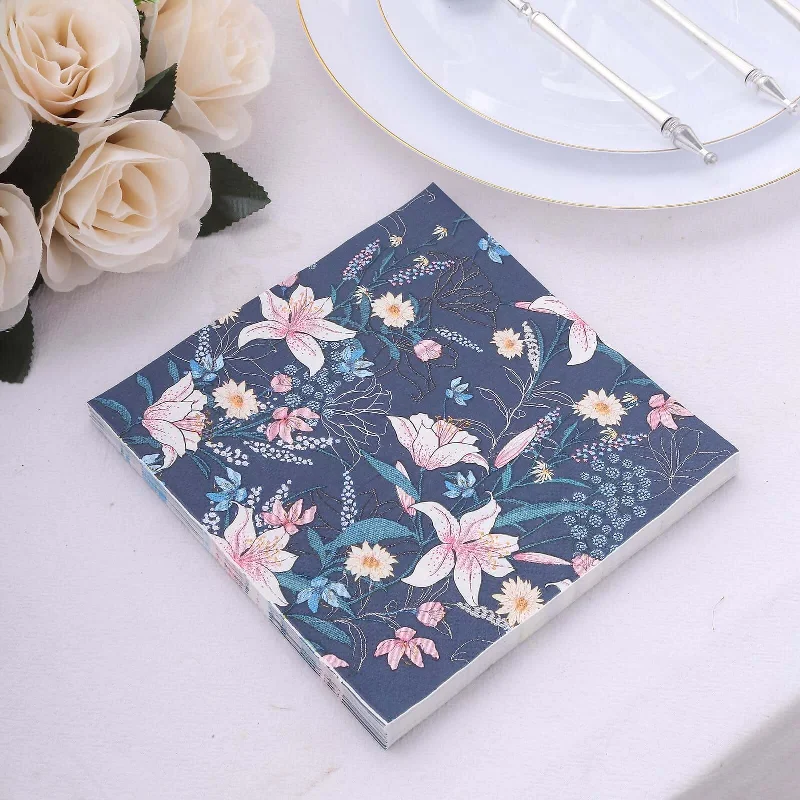 20 Pack Navy Blue Water Lilly Floral Paper Cocktail Napkins, Soft 2-Ply Disposable Beverage Napkins 6.5