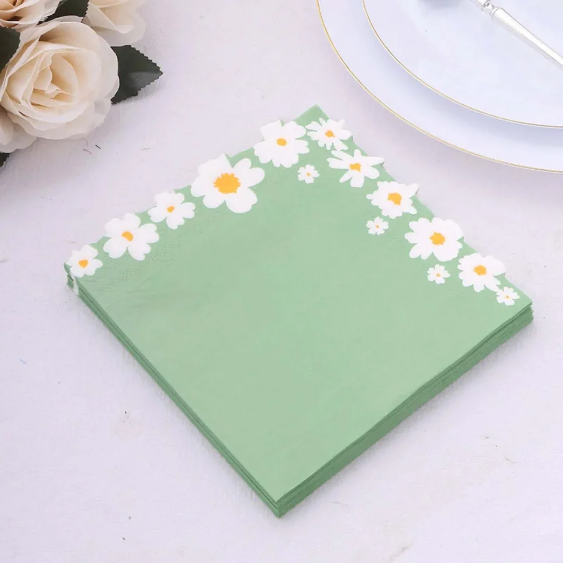 20 Pack Sage Green Daisy Flower Paper Cocktail Napkins, Soft 2-Ply Disposable Beverage Napkins - 6.5