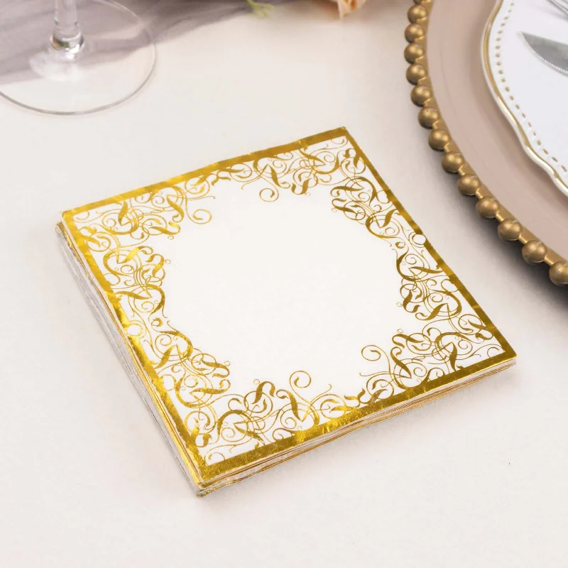 20 Pack White Soft Paper Beverage Napkins with Gold Foil Lace Design, 3 Ply European Style Wedding Cocktail Napkins 18 GSM