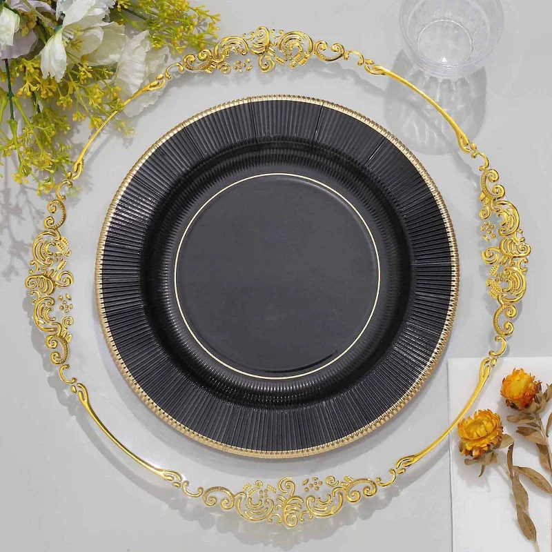 25 Pack Black Sunray Gold Rimmed Serving Dinner Paper Plates, Disposable Party Plates 350 GSM 10