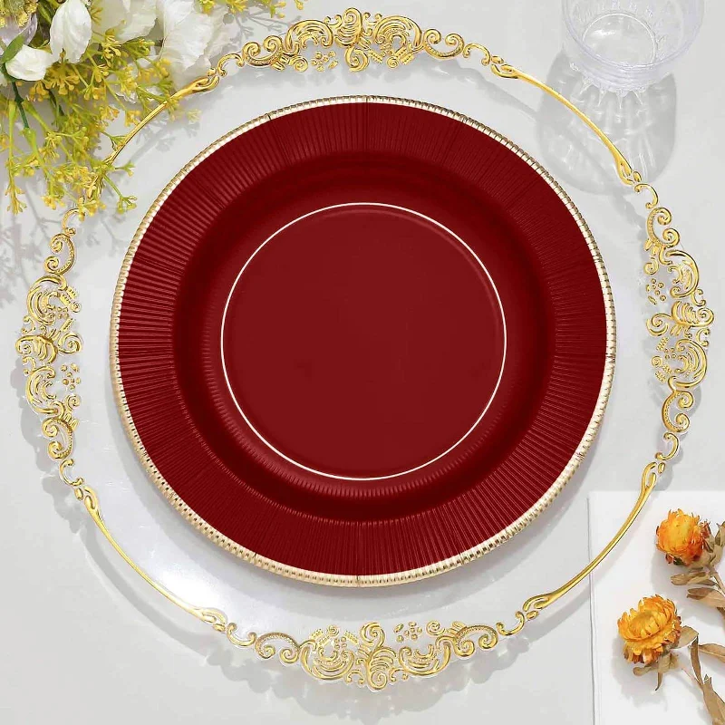 25 Pack Burgundy Sunray Gold Rimmed Serving Dinner Paper Plates, Disposable Party Plates 350 GSM 10