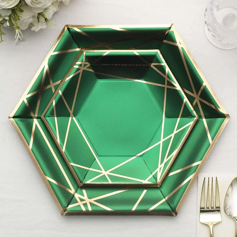 25 Pack Hunter Emerald Green / Gold Hexagon Salad Paper Plates, Geometric Disposable Dessert Appetizer Party Plates 300 GSM 7