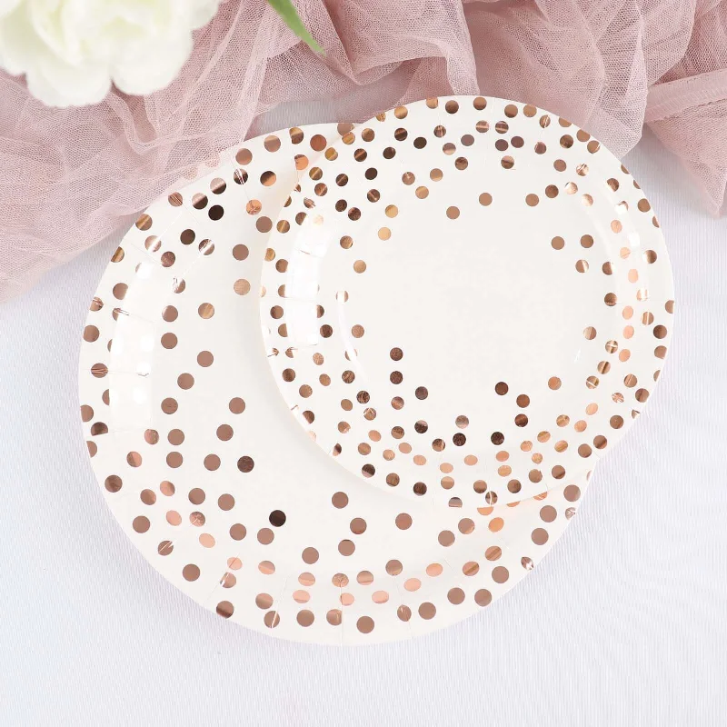 25 Pack White Rose Gold Polka Dot Dessert Appetizer Paper Plates, Disposable Salad Party Plates 300 GSM 7