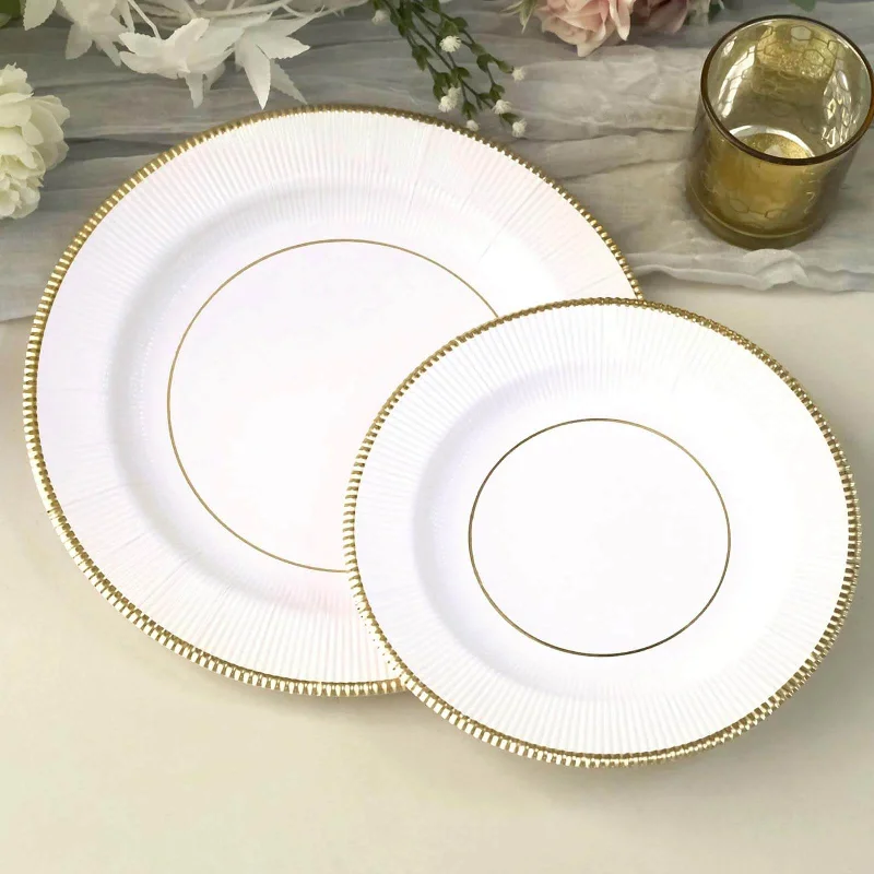 25 Pack White Sunray Gold Rimmed Dessert Appetizer Paper Plates, Disposable Party Plates 350 GSM 8