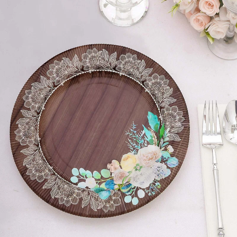 25 Pack Brown Rustic Wood Print Paper Charger Plates With Floral Lace Rim, Round Disposable Serving Plates 13