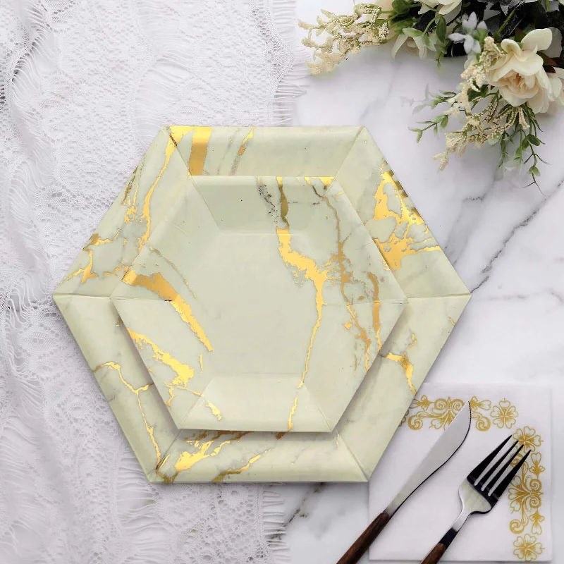 25 Pack Ivory Marble Dessert Salad Paper Plates, Disposable Appetizer Hexagon Geometric Plates Shaped With Gold Foil Marble Design 400 GSM 8.5