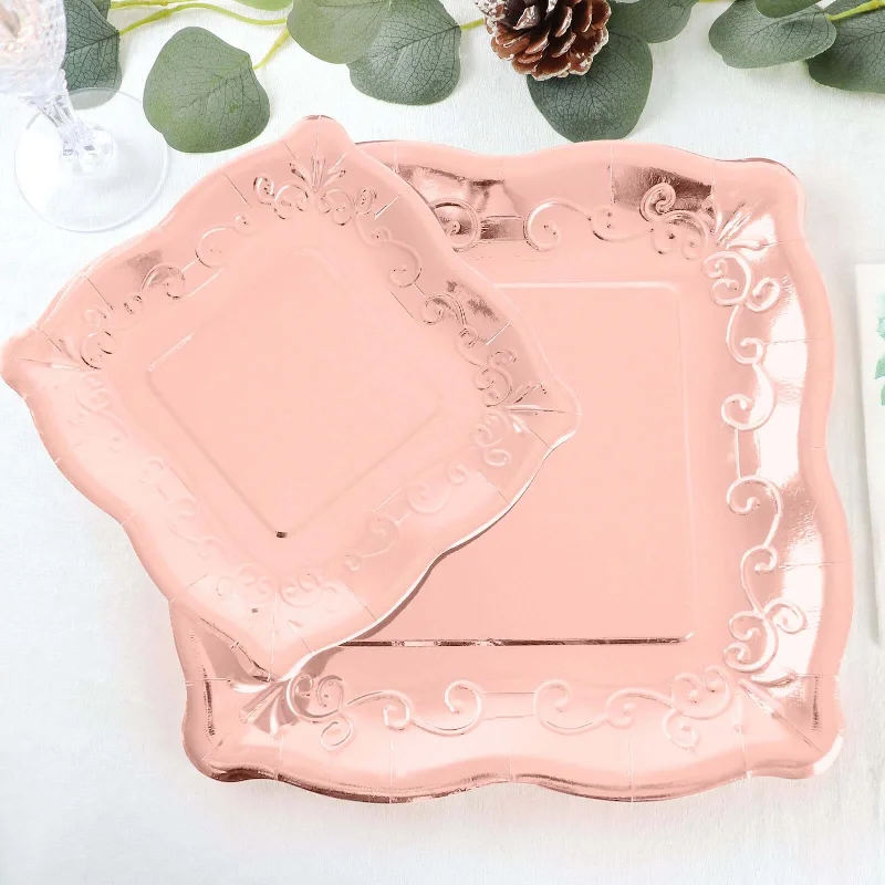 25 Pack Rose Gold Square Vintage Appetizer Dessert Paper Plates, Shiny Metallic Disposable Pottery Embossed Party Plates With Scroll Design Edge 350 GSM 7