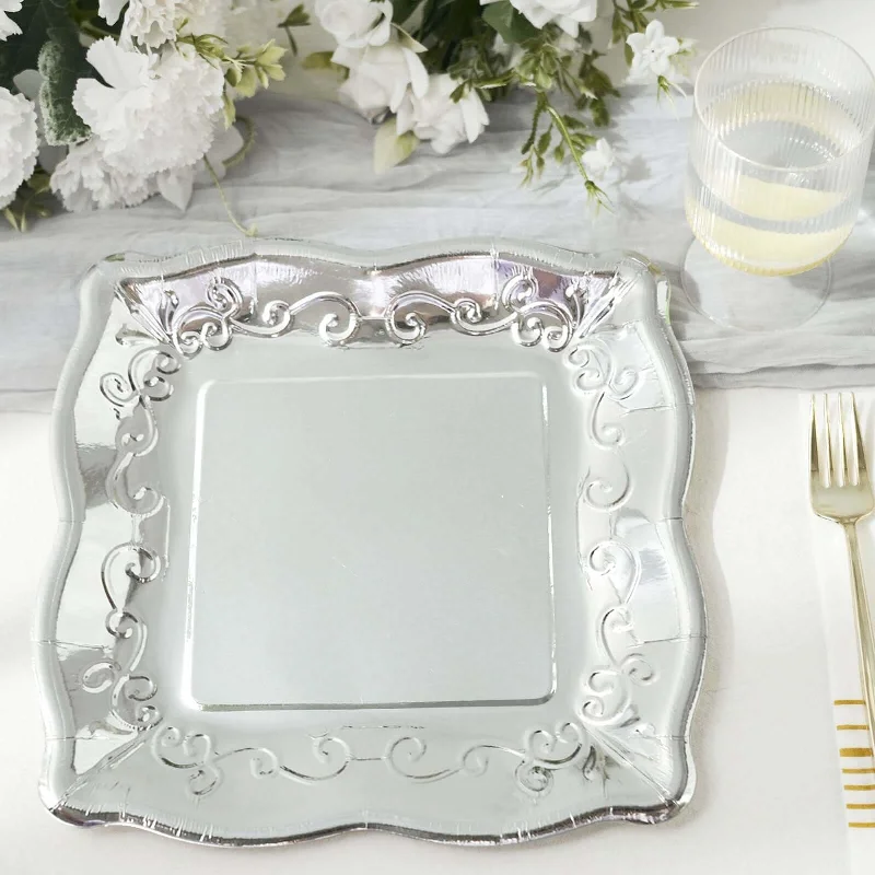 25 Pack Silver Square Vintage Dinner Serving Paper Plates, Shiny Metallic Disposable Pottery Embossed Party Plates With Scroll Design Edge 350 GSM 11