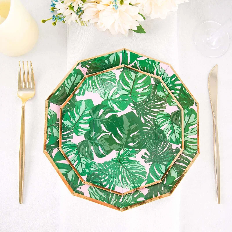 25 Pack Tropical Palm Leaf Dessert Salad Paper Plates, Disposable Appetizer Plates Geometric Decagon Shaped Pink/Green With Gold Rim 7