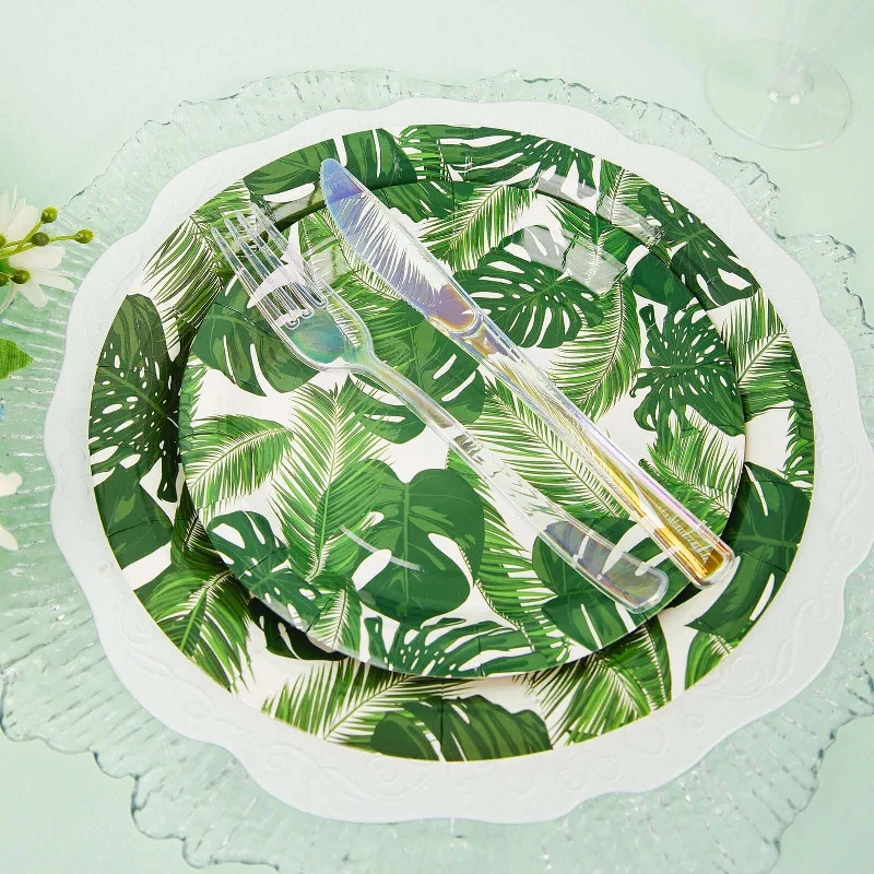 25 Pack Tropical Palm Leaf Mix Dessert Disposable Paper Plates, Appetizer Salad Plates 300 GSM 7