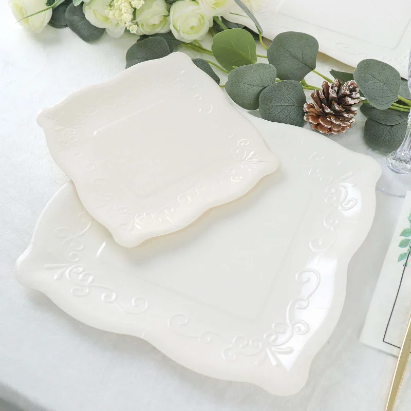 25 Pack White Square Vintage Appetizer Dessert Paper Plates, Shiny Disposable Pottery Embossed Party Plates With Scroll Design Edge 350 GSM 7