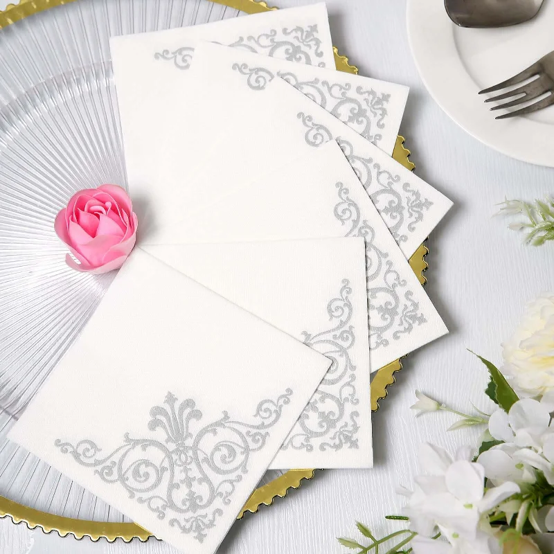 25 Pack White Soft Linen-Like Airlaid Paper Cocktail Napkins With Silver Fleur Vintage Design - 5