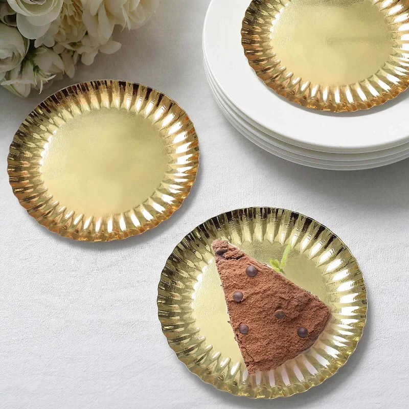 50 Pack Metallic Gold Scalloped Rim Dessert Paper Plates, Disposable Round Appetizer Party Plates 250 GSM 5