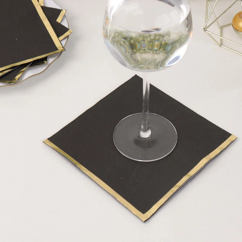 50 Pack Black Soft 2 Ply Paper Beverage Napkins with Gold Foil Edge, Disposable Cocktail Napkins - 6.5