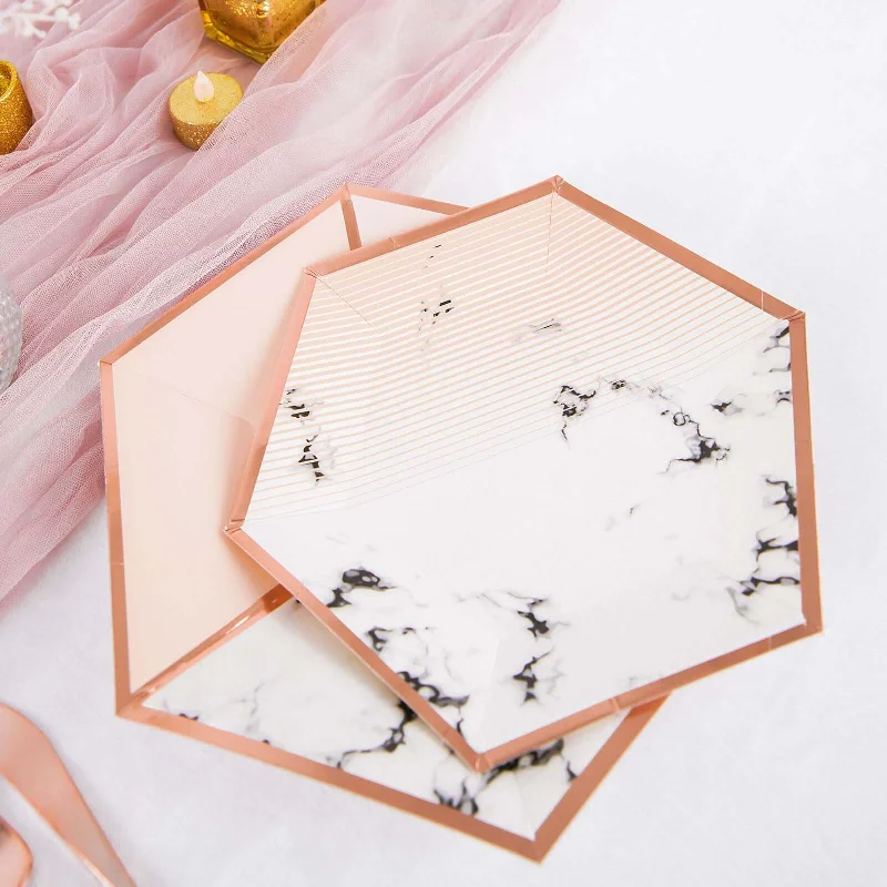 50 Pack Blush Marble Paper Plates, Disposable Hexagon Plates With Rose Gold Foil Rim 25 Guest Set 8