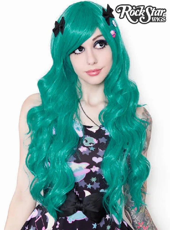 Classic Teal Green Deluxe Womens Long Wavy Wig