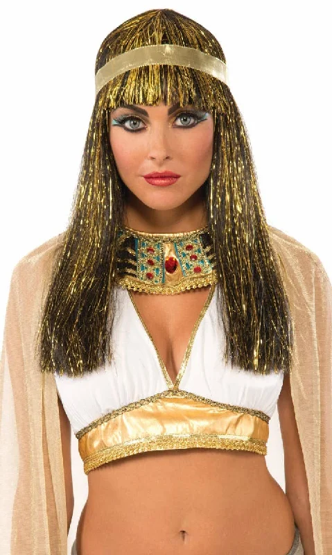 Cleopatra Gold Tinsel Black Costume Wig with Ribbon Headband