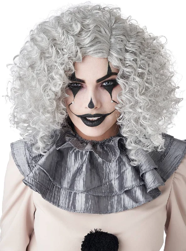 Corkscrew Clown Mid Length Curly Grey Womens Costume Wig