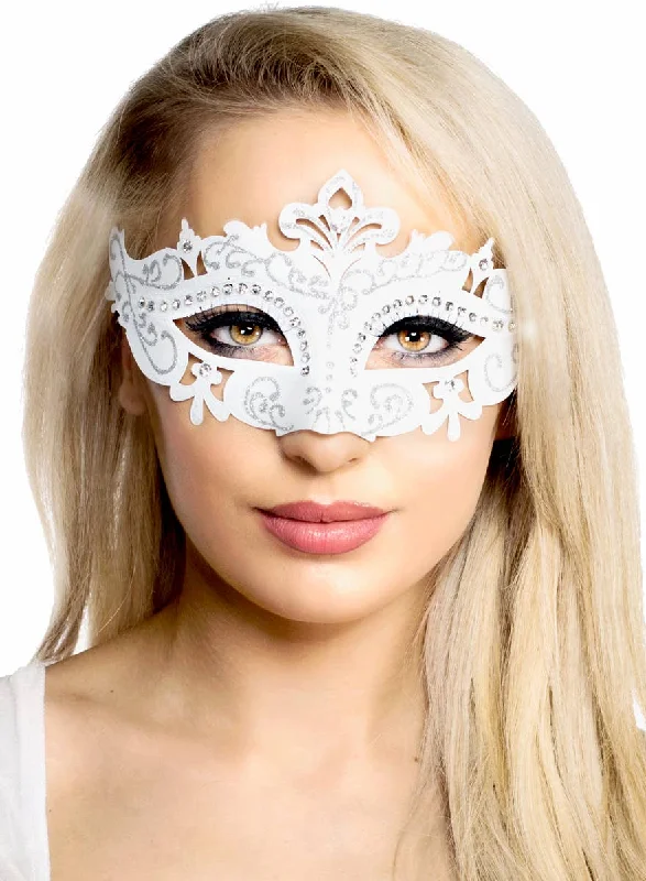 Cut Out White Masquerade Mask with Rhinestones