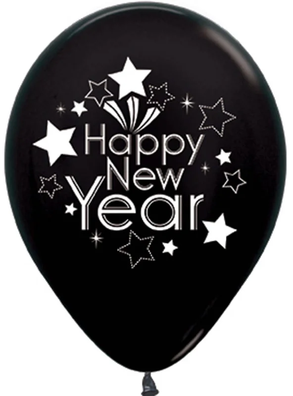 Happy New Years 6 Pack 30cm Black Latex Balloons