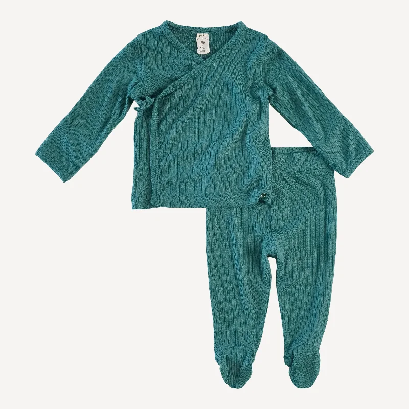 long sleeve wrap top and footed pant set | blue cypress | modal skinny rib