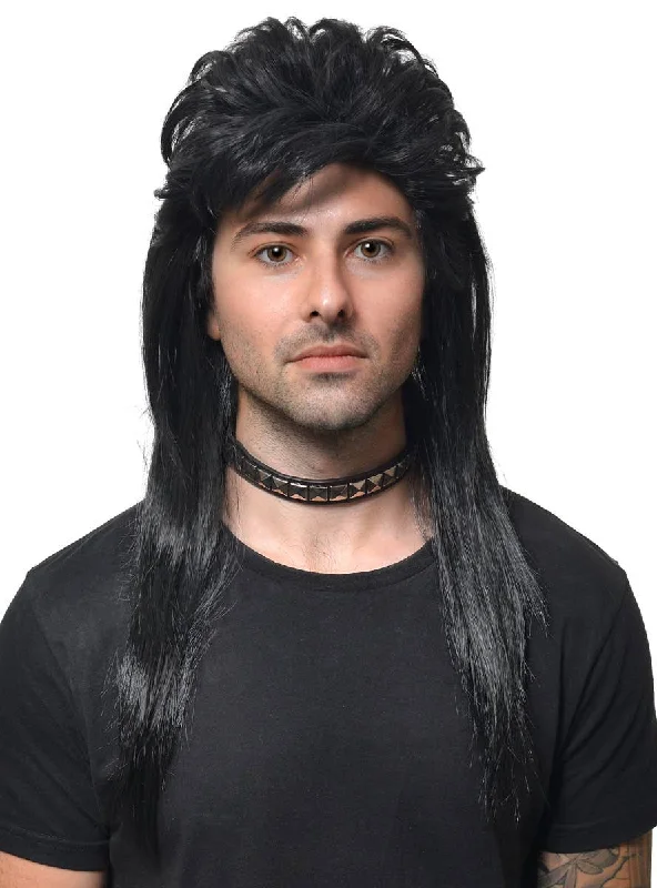 Classic Long Black Mullet Mens Costume Wig