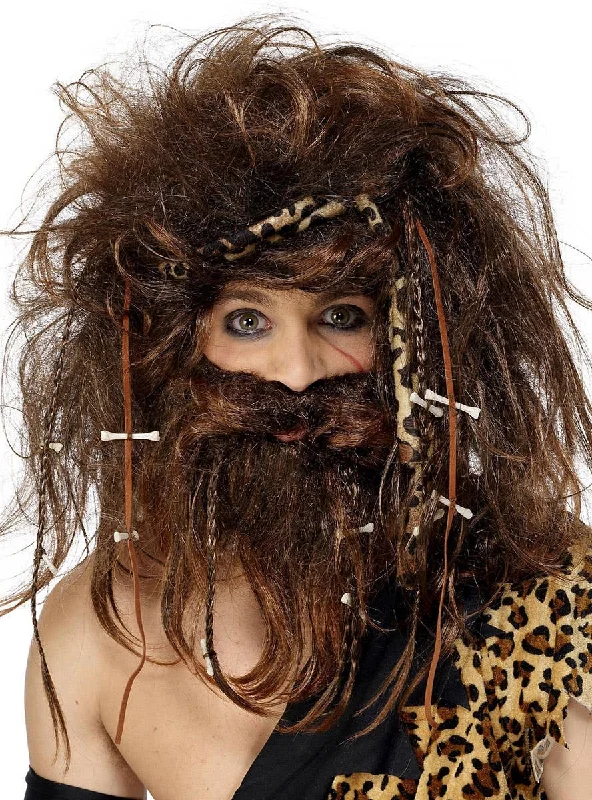 Crazy Caveman Mens Brown Wig and Beard Set