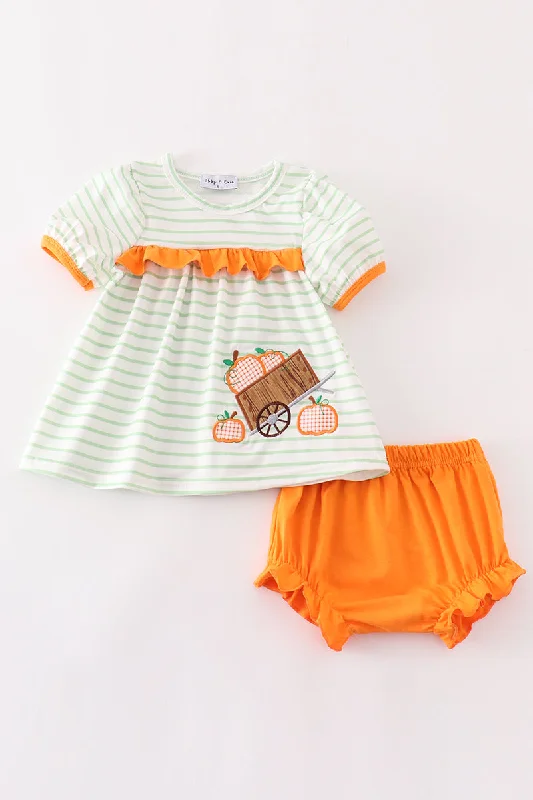 Orange wheelbarrow pumpkin applique baby girl set