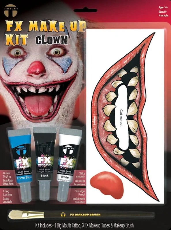 Evil Clown Big Mouth Tattoo, Brush and Face Paint Set