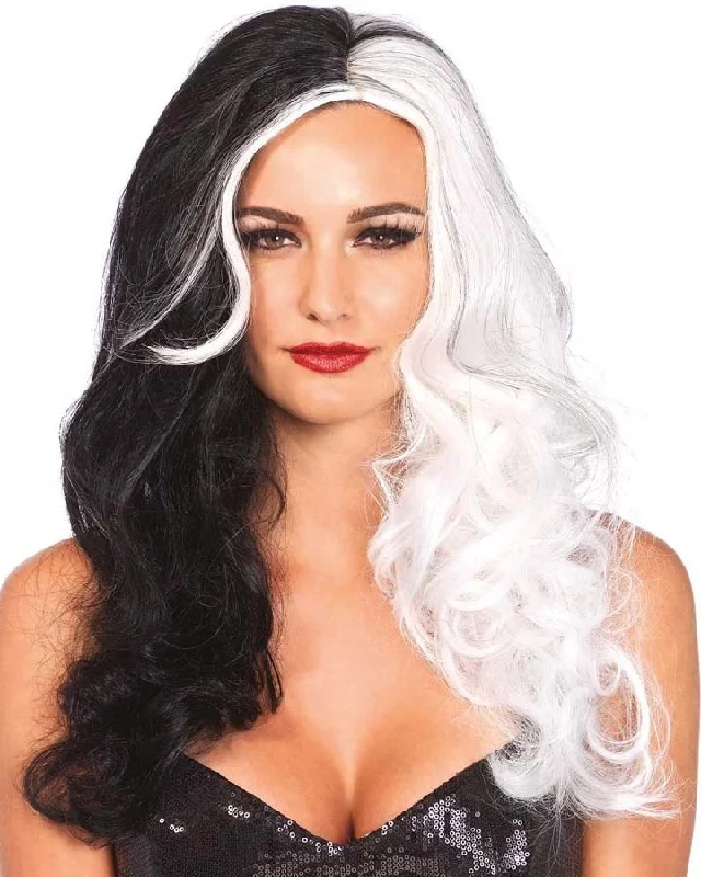 Villain Long Wavy Black and White Halloween Wig