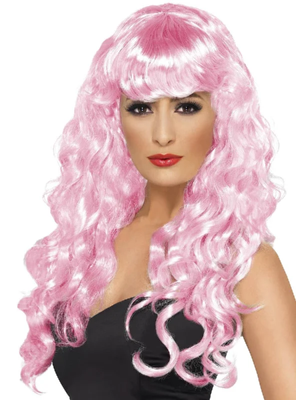 Cotton Candy Pink Long Curly Womens Costume Wig with Fringe