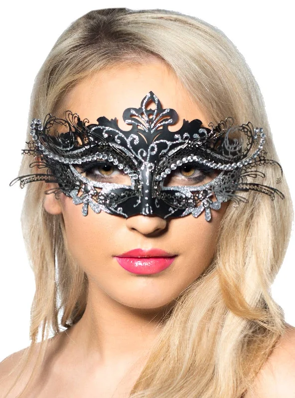 Cut Out Womens Black Masquerade Mask with Metal Overlay