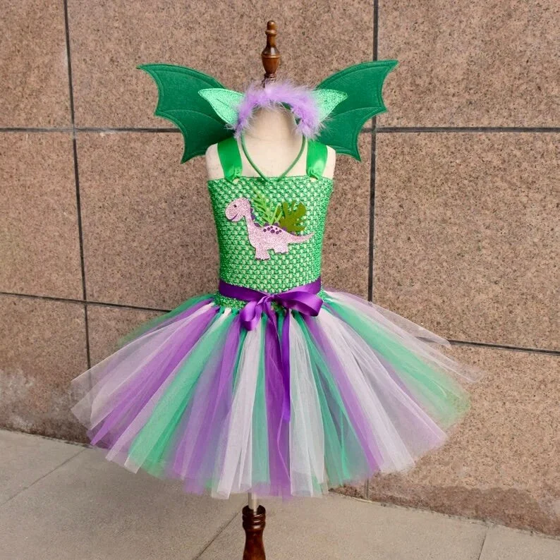 Baby Kids Girls Dinosaur Cosplay Dresses Birthday Party Tutu Dresses for Baby Cartoon Princess Girls Costumes Set for Halloween