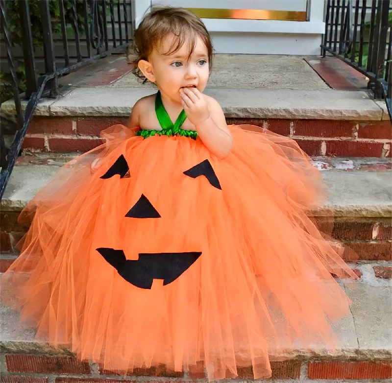 Halloween Baby Girls Dress Orange Cute Pumpkin Tutu Dress Long Tulle Kids Clothes Lantern Cosplay Costume