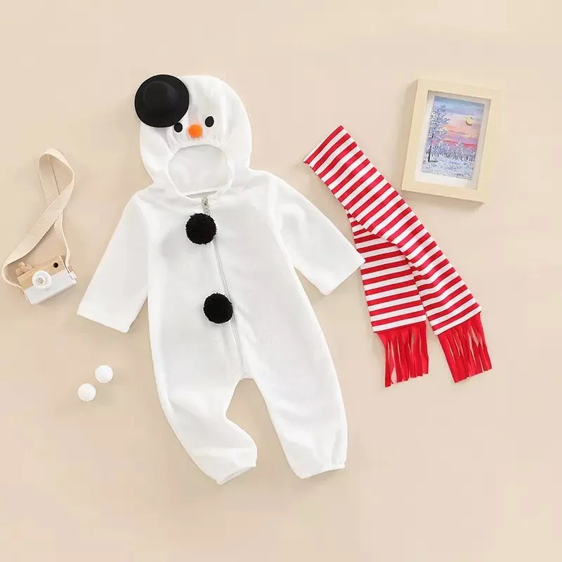 Infant Baby Romper with Scarf Snowman Cosplay Hooded Long Sleeve Christmas Costume OnePiece Jumpsuit