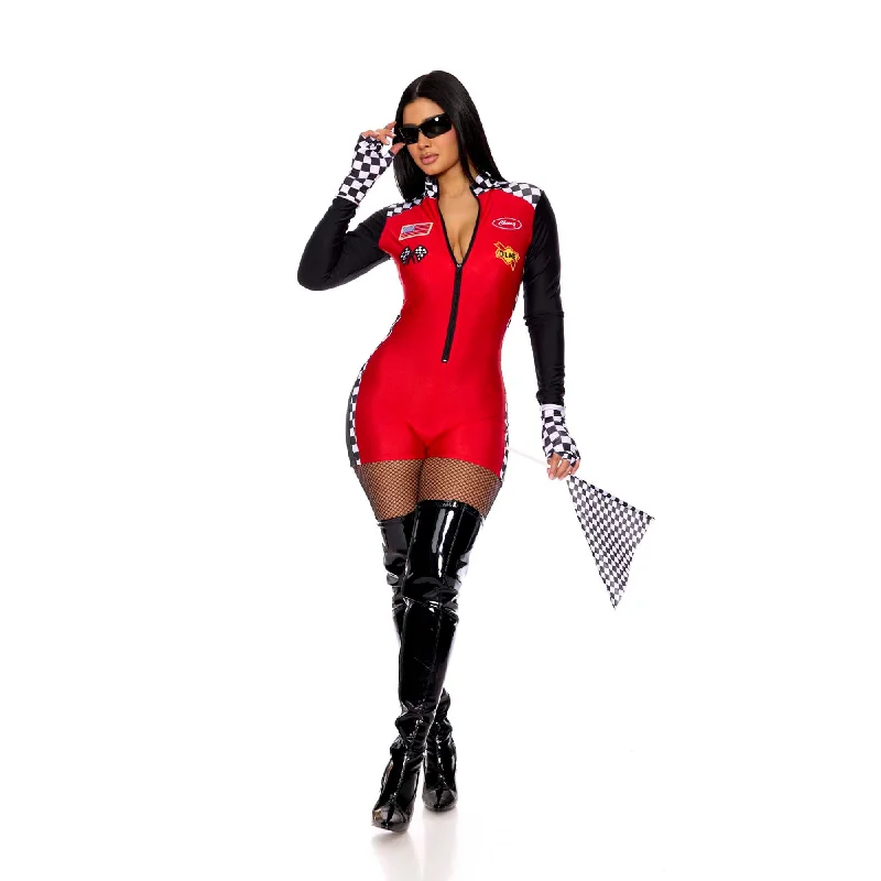 Left Turn Sexy Racing Costume for Adults, Red and Black Romper