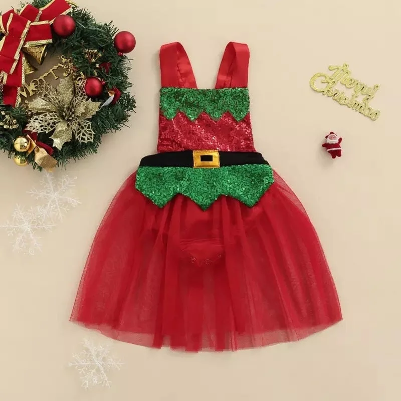 Little Elf Christmas 0-24M Lovely Toddler Baby Girls Xmas Romper Dress Sequined Patchwork Sleeveless Lace Jumpsuits Christmas Outfits