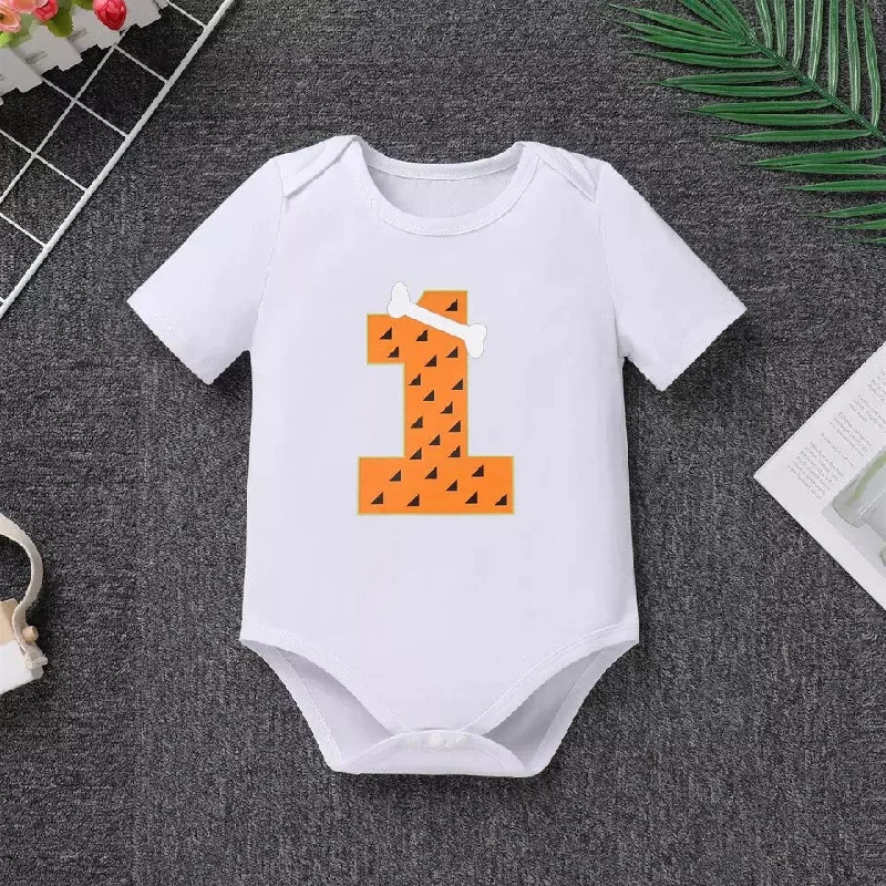 Pebbles Infant Baby Girls First Birthday Party Outfit Baby Girls Cake Smash Clothing Short Sleeve Letters Printed Romper